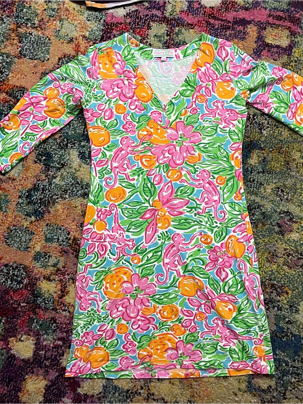 Bright Floral V‑Neck Shift Dress in Pink, Green & Orange
